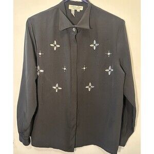 Laura & Jayne Collection Black Beaded Rhinestone Blouse Long Sleeve Size 12